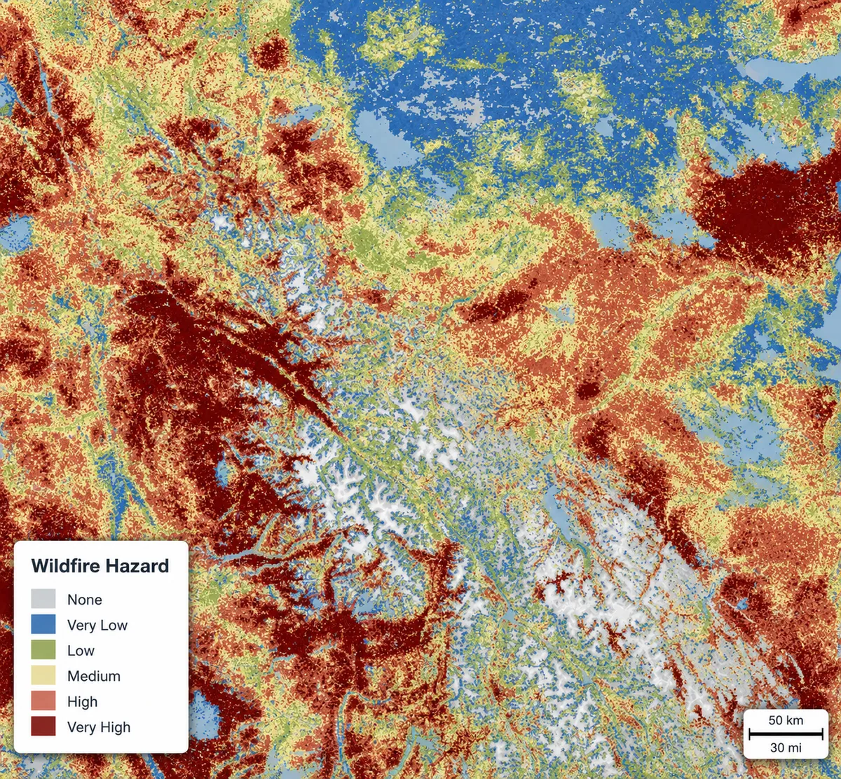 Fire Hazard Canada wildfire hazard data at 30-metre resolution example