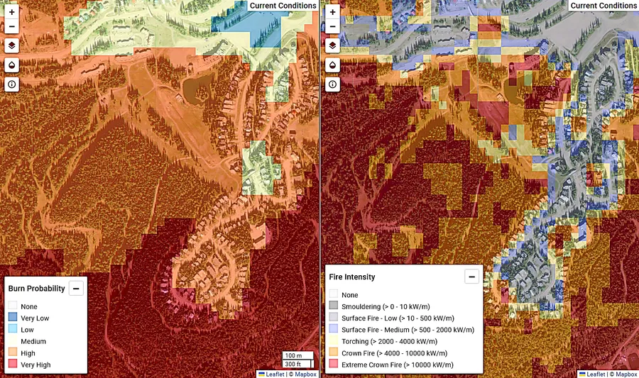 Side-by-side Fire Hazard Canada burn probability and fire intensity model outputs mapped over a mountain community